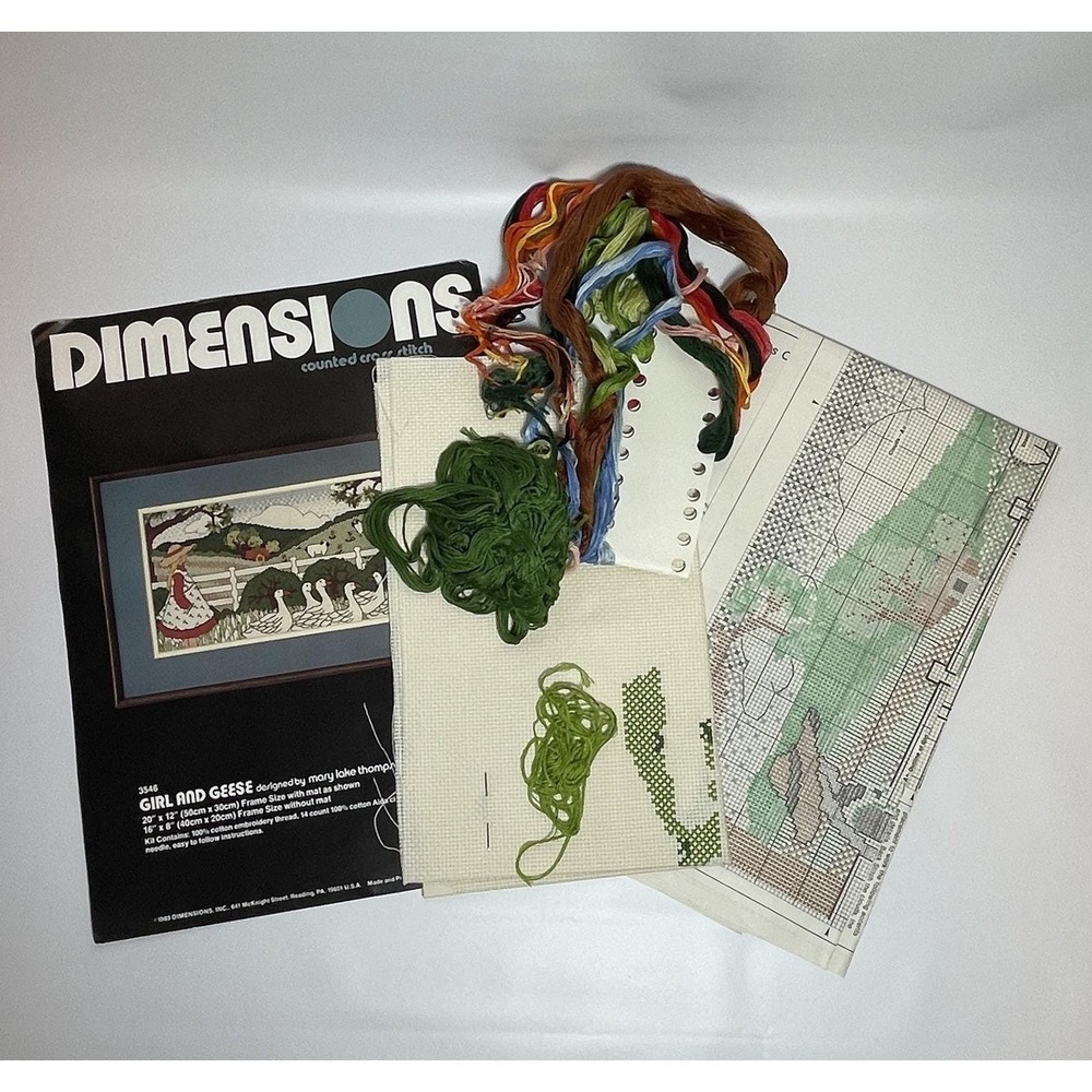 Dimensions Girl and Geese Counted Cross Stitch Kit #3546 *Previously Started VTG